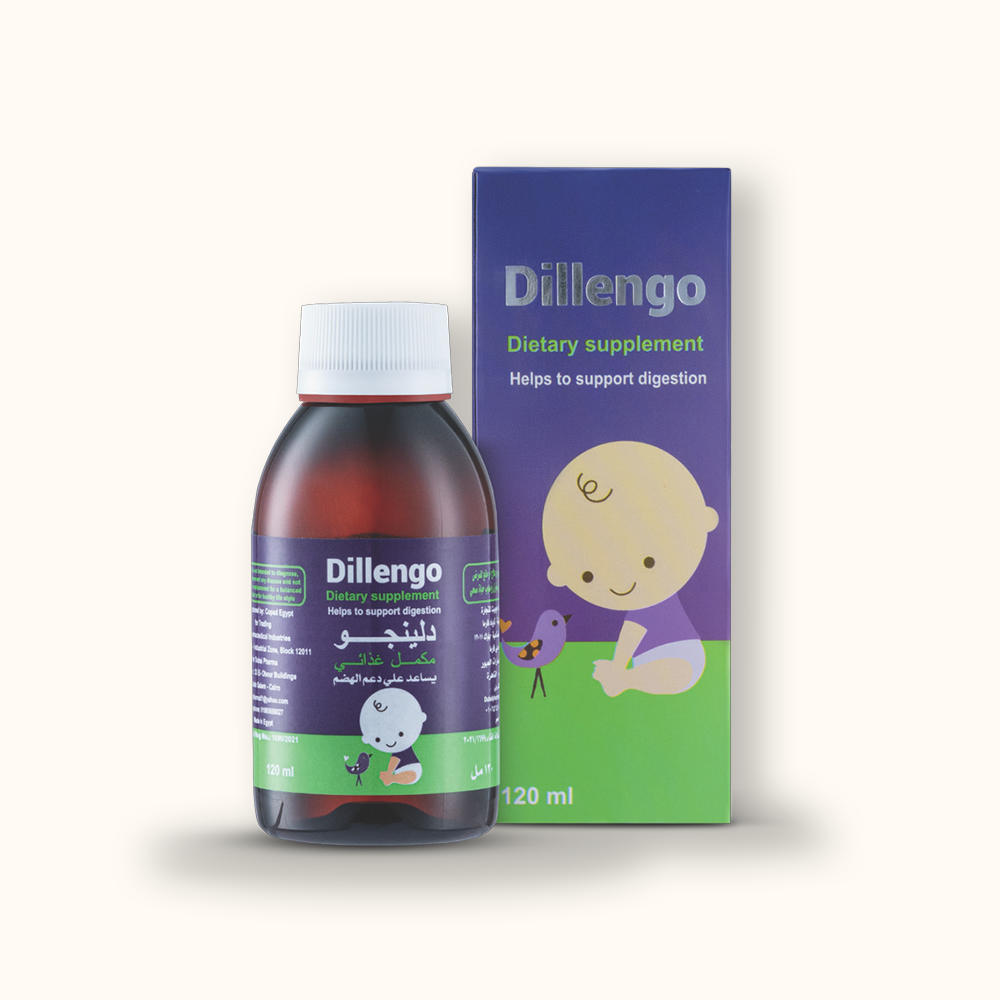 A bottle and box of Dillengo dietary supplement, designed to support digestion in children, featuring a cute baby illustration on the packaging.