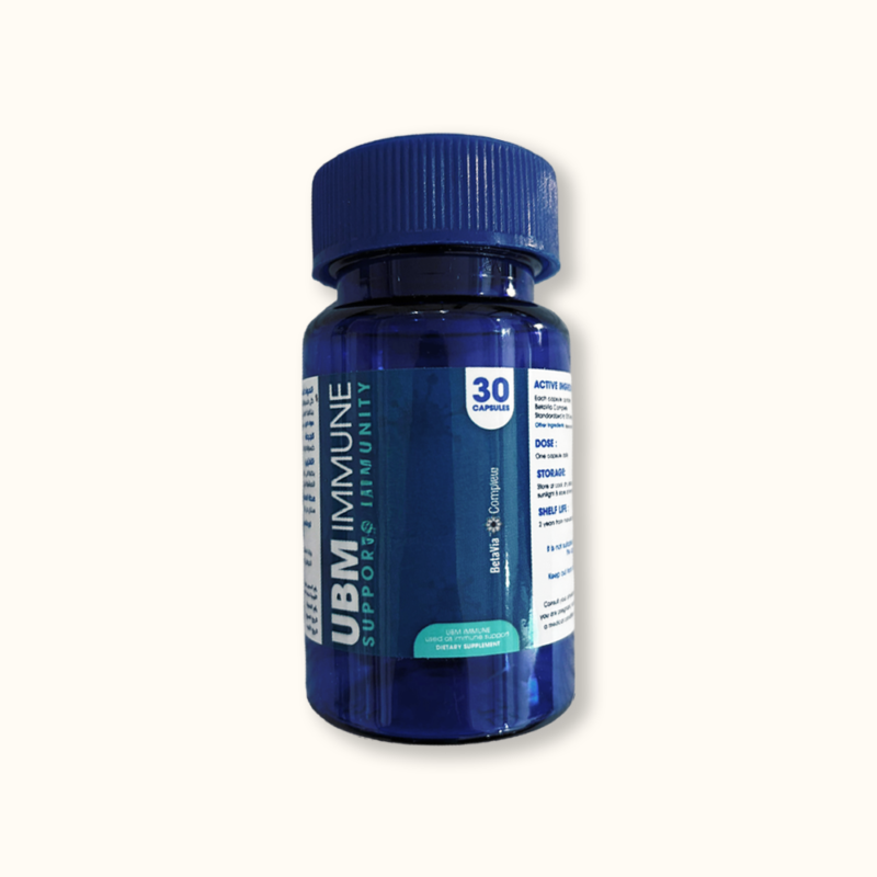 A blue bottle of UBM Immune dietary supplement, containing 30 capsules designed to boost the immune system and support overall health.